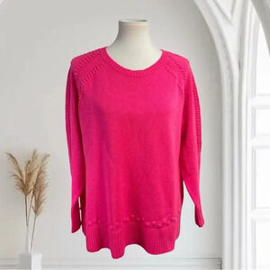 Sail to Sable crewneck sweater, hot pink pompoms pullover cashmere wool blend